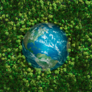 Aerial 3D view of earth surrounded by trees in a forest. Eco-friendly, sustainability concept.